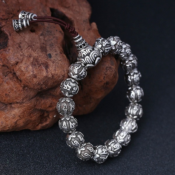 《 QBOX 》FASHION 飾品【B21126S345】精致個性復古梵音六字真言佛紋純銀串珠手鍊/手環-細節圖4