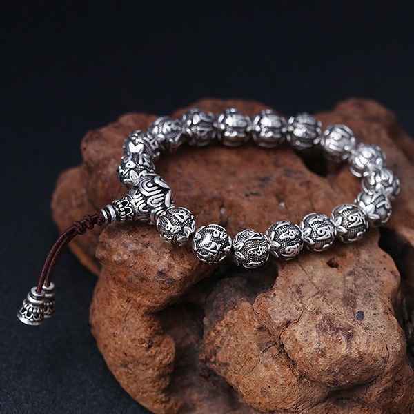 《 QBOX 》FASHION 飾品【B21126S345】精致個性復古梵音六字真言佛紋純銀串珠手鍊/手環-細節圖5