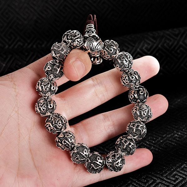 《 QBOX 》FASHION 飾品【B21126S345】精致個性復古梵音六字真言佛紋純銀串珠手鍊/手環-細節圖6