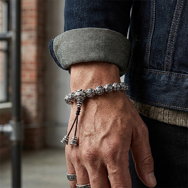 《 QBOX 》FASHION 飾品【B21126S345】精致個性復古梵音六字真言佛紋純銀串珠手鍊/手環-細節圖7