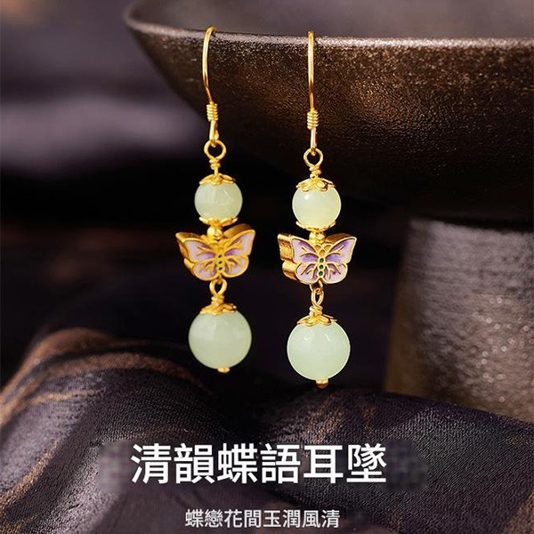 《QBOX 》FASHION 飾品【SVE26024】 精緻秀氣蝴蝶天然和田玉鍍金純銀耳環/耳墬-細節圖3