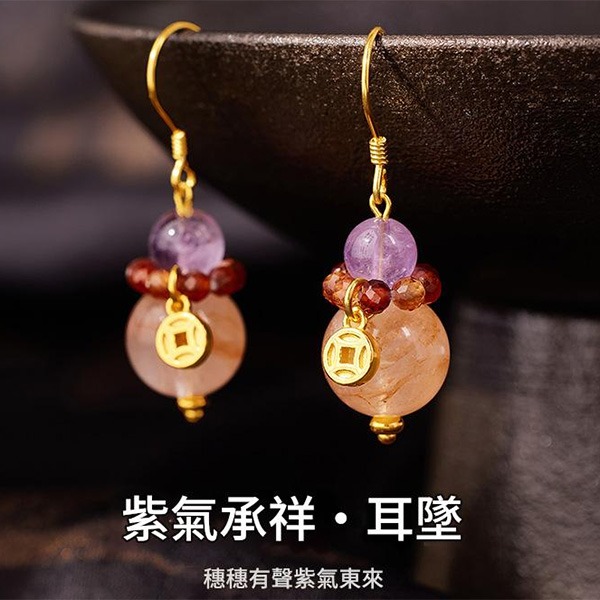 《QBOX 》FASHION 飾品【SVE26011】 精緻秀氣黃膠花紫水晶招財鍍金純銀耳環/耳墬-細節圖3