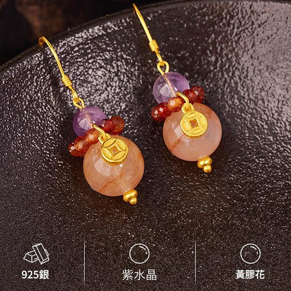 《QBOX 》FASHION 飾品【SVE26011】 精緻秀氣黃膠花紫水晶招財鍍金純銀耳環/耳墬-細節圖4