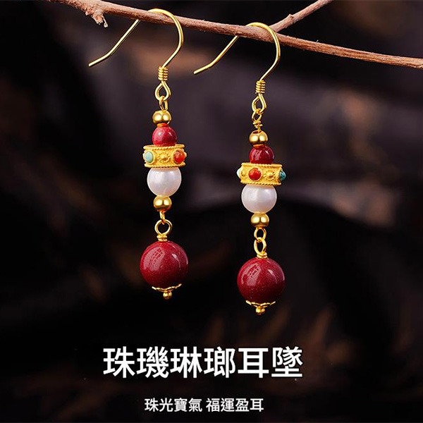 《QBOX 》FASHION 飾品【SVE26026】 精緻秀氣中式復古高級紫金砂红色鍍金純銀耳環/耳墬-細節圖3