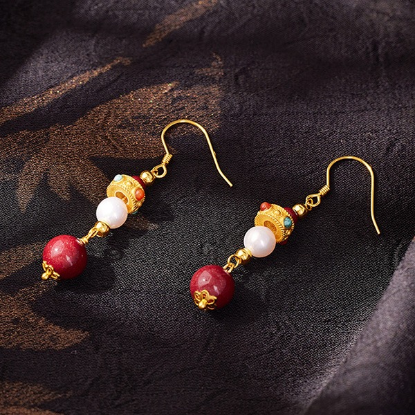 《QBOX 》FASHION 飾品【SVE26026】 精緻秀氣中式復古高級紫金砂红色鍍金純銀耳環/耳墬-細節圖5