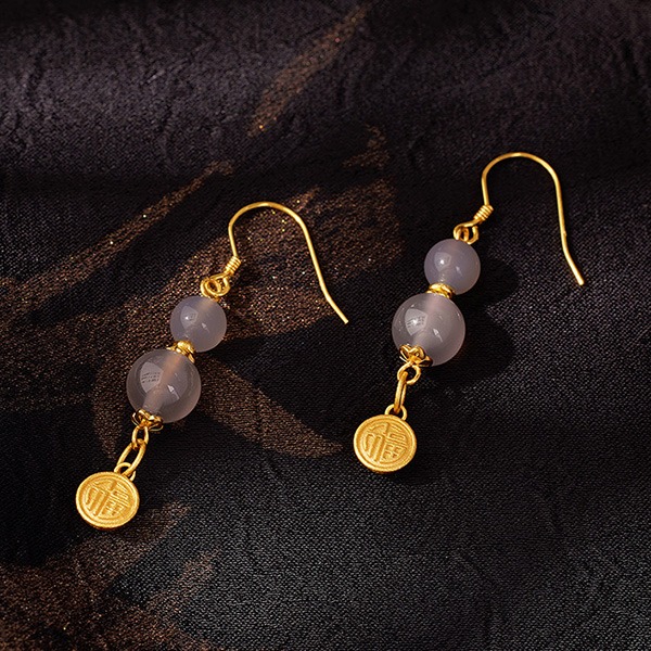 《QBOX 》FASHION 飾品【SVE26013】 精緻秀氣中式福字灰瑪瑙招財鍍金純銀耳環/耳墬-細節圖5