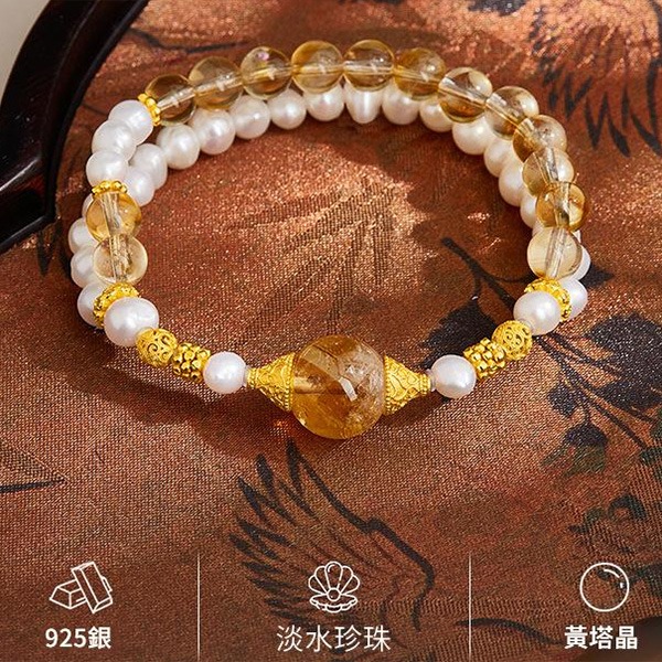 《QBOX 》FASHION 飾品【SVB251150】 精緻秀氣天然淡水珍珠黃塔晶轉運雙層運純銀手串珠/手環-細節圖4