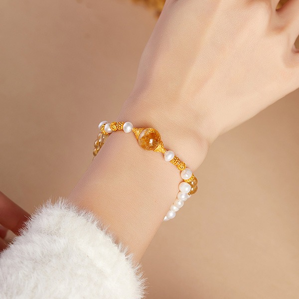 《QBOX 》FASHION 飾品【SVB251150】 精緻秀氣天然淡水珍珠黃塔晶轉運雙層運純銀手串珠/手環-細節圖7