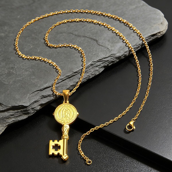 《 QBOX 》FASHION 飾品【GPN-2296】精緻個性復古金色聖母鑰匙鈦鋼墬子項鍊/吊墬-細節圖6