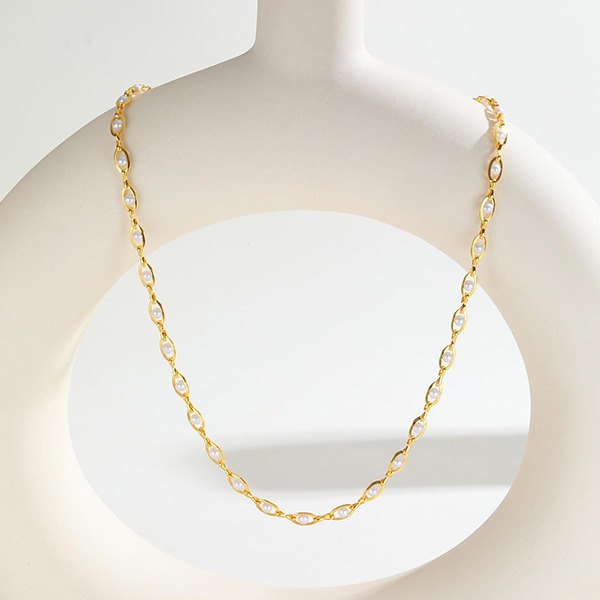 《 QBOX 》FASHION 飾品【GPNC-039】精緻個性仿珍珠橢圓銅鍍金項鍊/鎖骨鏈-細節圖4