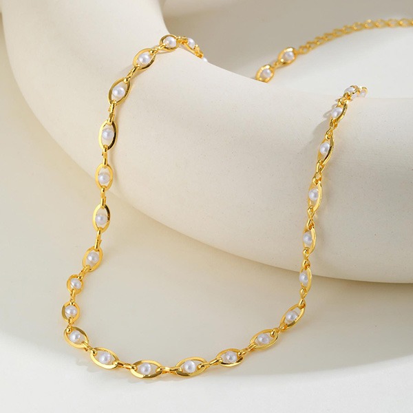 《 QBOX 》FASHION 飾品【GPNC-039】精緻個性仿珍珠橢圓銅鍍金項鍊/鎖骨鏈-細節圖5