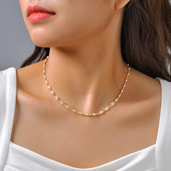 《 QBOX 》FASHION 飾品【GPNC-039】精緻個性仿珍珠橢圓銅鍍金項鍊/鎖骨鏈-細節圖8