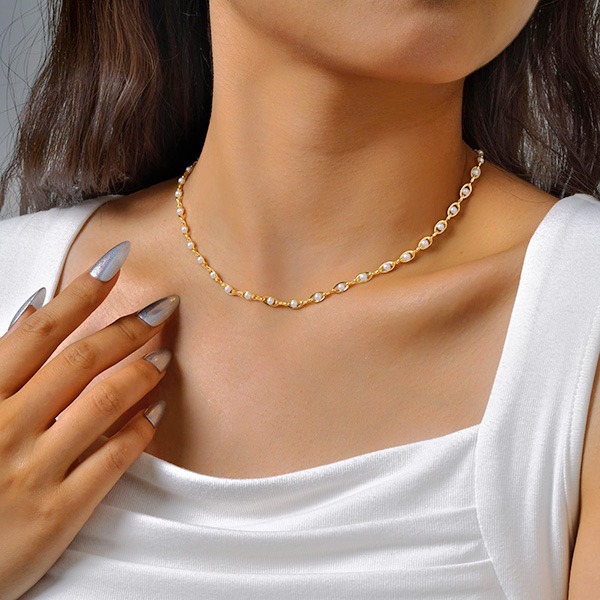《 QBOX 》FASHION 飾品【GPNC-039】精緻個性仿珍珠橢圓銅鍍金項鍊/鎖骨鏈-細節圖9
