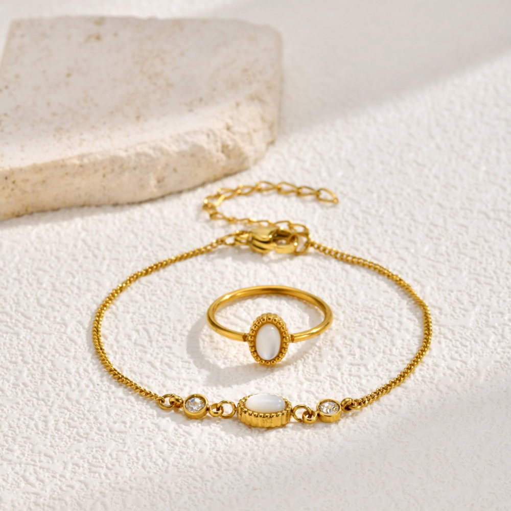 《 QBOX 》FASHION 飾品【GBR-2739】 精緻秀氣銅鍍金色何貝殼鋯石手鍊戒指套組-細節圖5