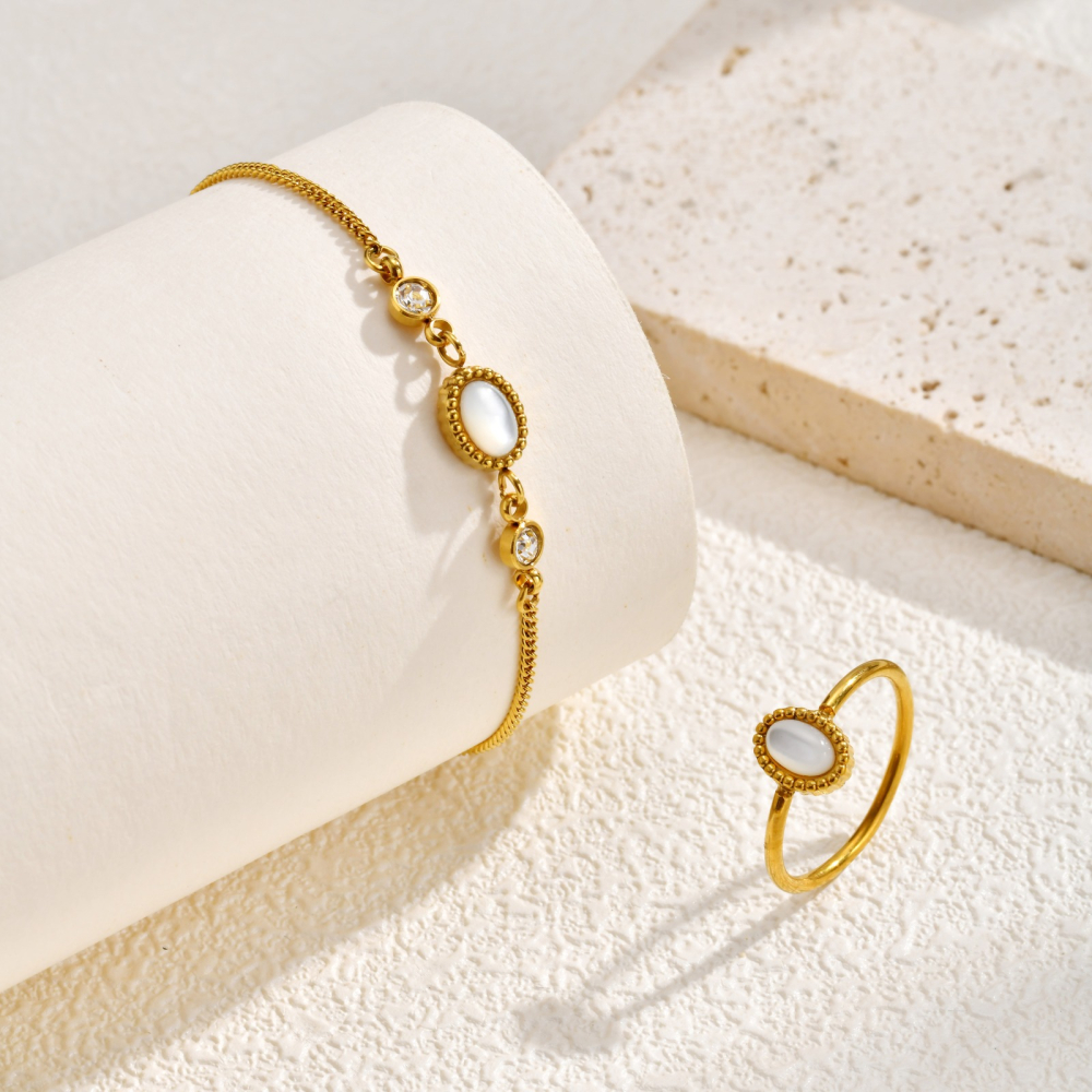 《 QBOX 》FASHION 飾品【GBR-2739】 精緻秀氣銅鍍金色何貝殼鋯石手鍊戒指套組-細節圖6