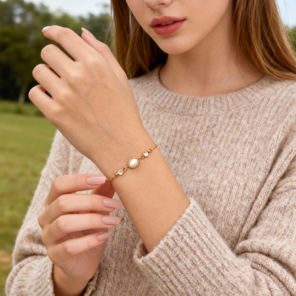 《 QBOX 》FASHION 飾品【GBR-2739】 精緻秀氣銅鍍金色何貝殼鋯石手鍊戒指套組-細節圖9