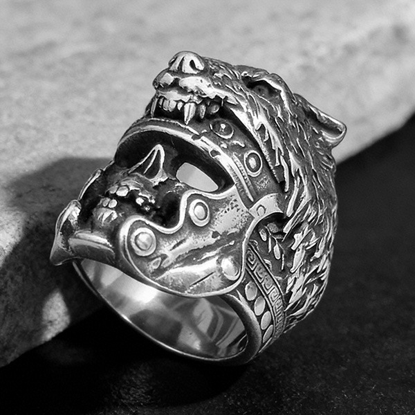 《 QBOX 》FASHION 飾品【RBR8-822】精緻個性復古仿舊野狼骷顱頭鈦鋼戒指/戒環-細節圖4