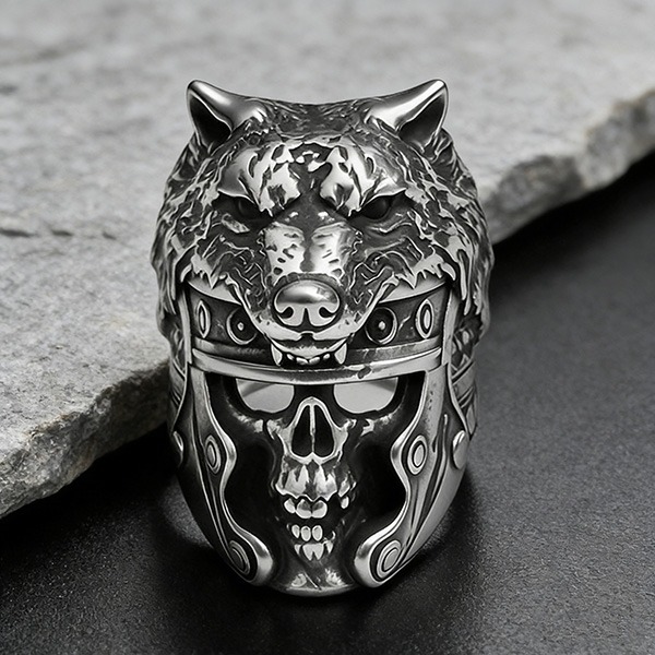 《 QBOX 》FASHION 飾品【RBR8-822】精緻個性復古仿舊野狼骷顱頭鈦鋼戒指/戒環-細節圖5