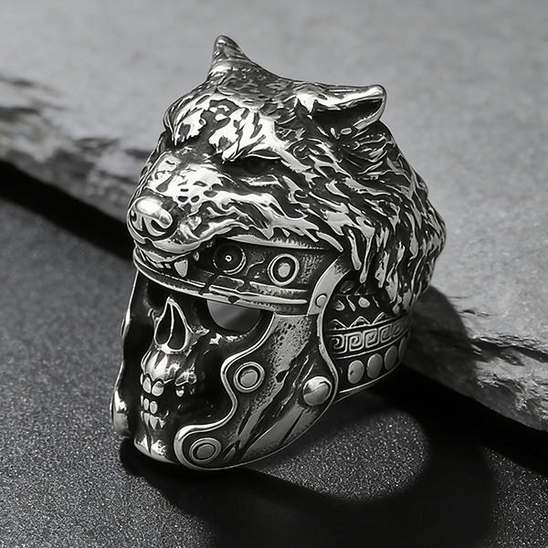 《 QBOX 》FASHION 飾品【RBR8-822】精緻個性復古仿舊野狼骷顱頭鈦鋼戒指/戒環-細節圖7