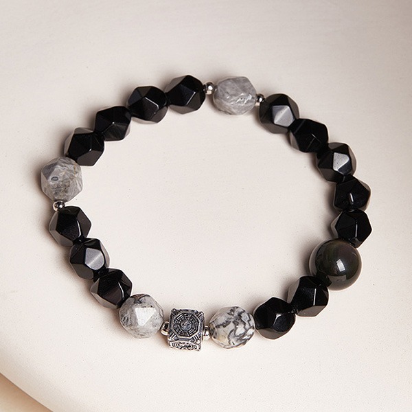 《QBOX 》FASHION 飾品【SVB25995】 精緻復古純銀太極八卦菱形地圖石黑曜石手串珠/手環-細節圖5