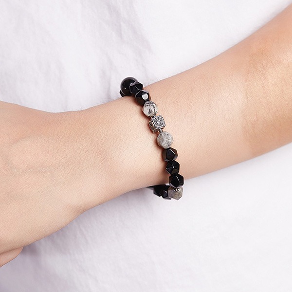 《QBOX 》FASHION 飾品【SVB25995】 精緻復古純銀太極八卦菱形地圖石黑曜石手串珠/手環-細節圖6