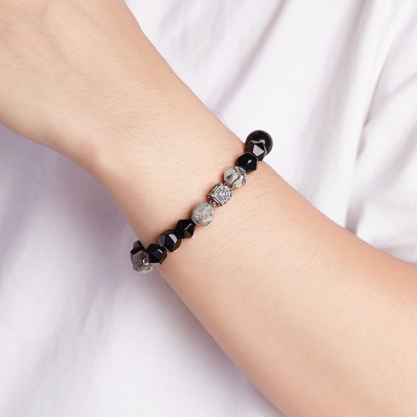 《QBOX 》FASHION 飾品【SVB25995】 精緻復古純銀太極八卦菱形地圖石黑曜石手串珠/手環-細節圖7