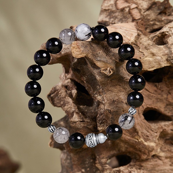《QBOX 》FASHION 飾品【SVB25217】 精緻復古純銀葫蘆天然黑曜石黑髮晶手串珠/手環-細節圖5