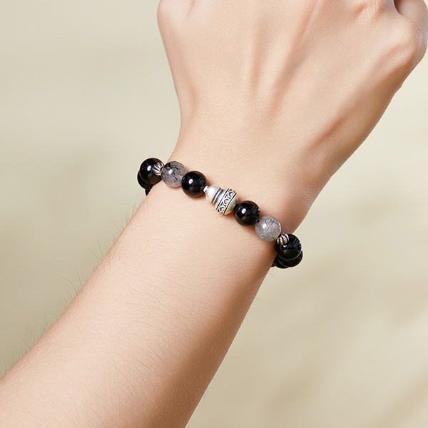 《QBOX 》FASHION 飾品【SVB25217】 精緻復古純銀葫蘆天然黑曜石黑髮晶手串珠/手環-細節圖6