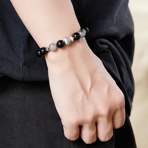 《QBOX 》FASHION 飾品【SVB25217】 精緻復古純銀葫蘆天然黑曜石黑髮晶手串珠/手環-細節圖7
