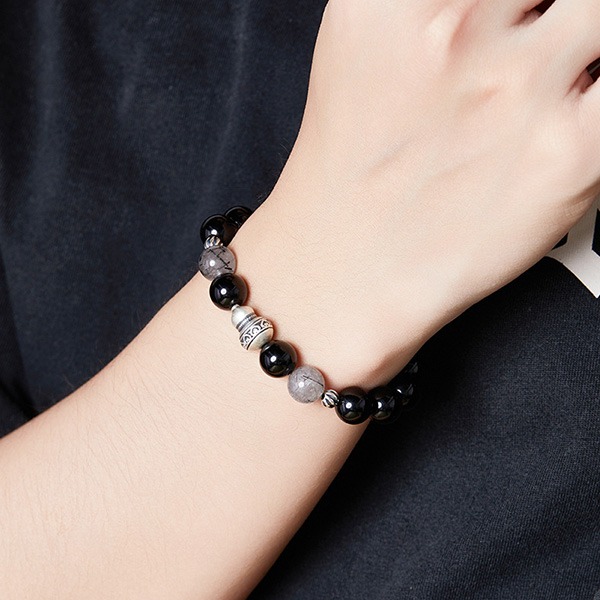 《QBOX 》FASHION 飾品【SVB25217】 精緻復古純銀葫蘆天然黑曜石黑髮晶手串珠/手環-細節圖8