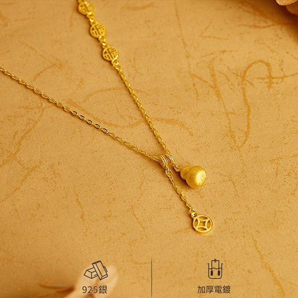 《 QBOX 》FASHION 飾品【CN25358】精緻個性福字銅錢葫蘆流蘇純銀鍍金墬子項鍊/鎖骨鏈-細節圖4