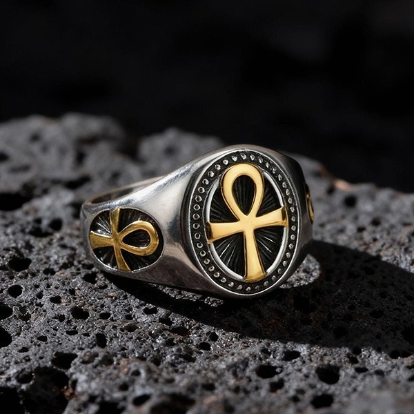 《 QBOX 》FASHION 飾品【GRC-1087】精緻個性復古生命之符安卡十字架鈦鋼戒指/戒環-細節圖4