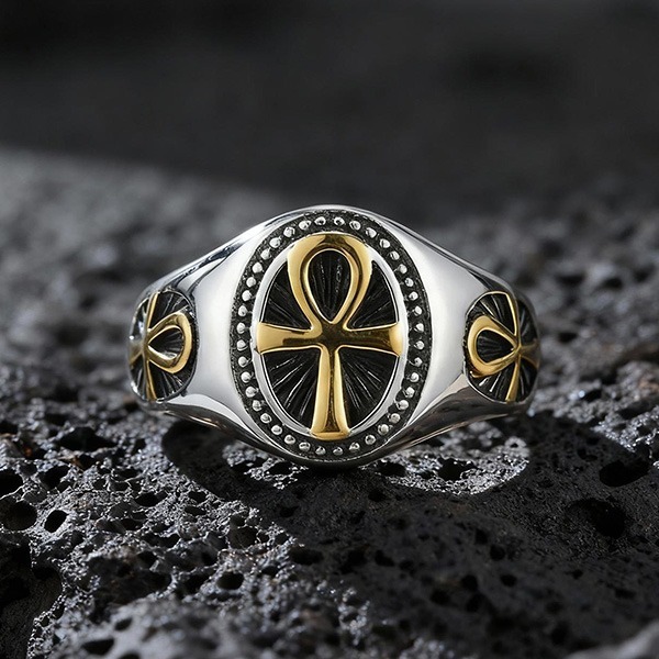 《 QBOX 》FASHION 飾品【GRC-1087】精緻個性復古生命之符安卡十字架鈦鋼戒指/戒環-細節圖5