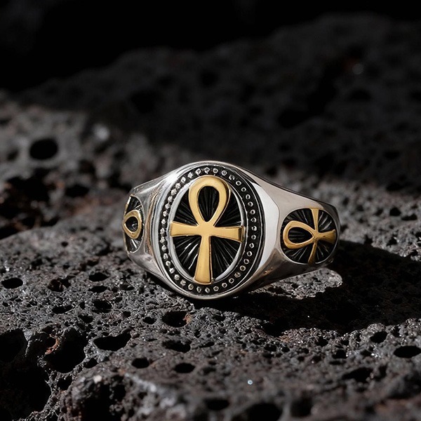 《 QBOX 》FASHION 飾品【GRC-1087】精緻個性復古生命之符安卡十字架鈦鋼戒指/戒環-細節圖6