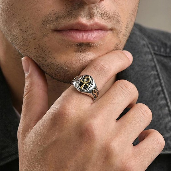 《 QBOX 》FASHION 飾品【GRC-1087】精緻個性復古生命之符安卡十字架鈦鋼戒指/戒環-細節圖8