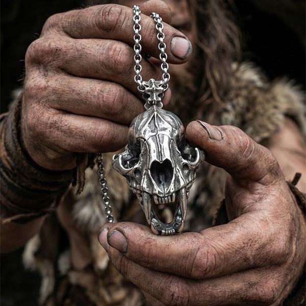 《 QBOX 》FASHION 飾品【CBP8-096】精緻個性復古戰魂劍齒虎頭骨鈦鋼墬子項鍊/吊墬-細節圖8