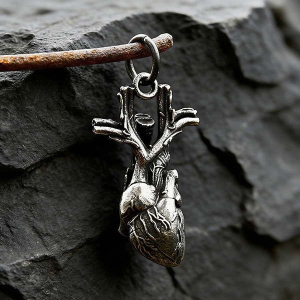 《 QBOX 》FASHION 飾品【CBP8-894】精緻個性硬核仿舊立體心臟鈦鋼墬子項鍊/吊墬-細節圖3