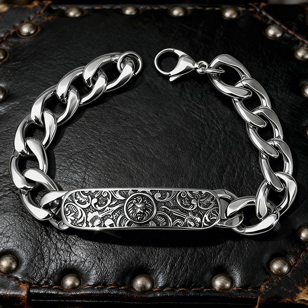 《QBOX 》FASHION 飾品【BBC8-070】 個性復古硬核獅頭雕花彎牌環扣鈦鋼手鍊/手環-細節圖4