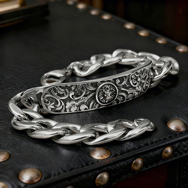 《QBOX 》FASHION 飾品【BBC8-070】 個性復古硬核獅頭雕花彎牌環扣鈦鋼手鍊/手環-細節圖5