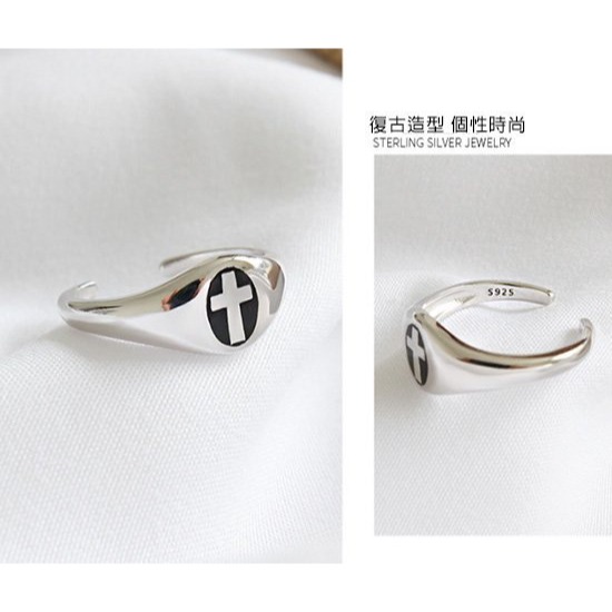 《 QBOX 》FASHION 飾品【SHJZ434】精緻復古極簡十字架圖紋S925純銀/泰銀開口戒指/戒環-細節圖6
