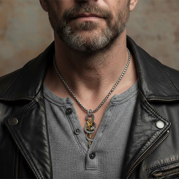 《 QBOX 》FASHION 飾品【CBP8-1249】精緻個性復古金蛇纏繞玫瑰花鈦鋼墬子項鍊/吊墬-細節圖9