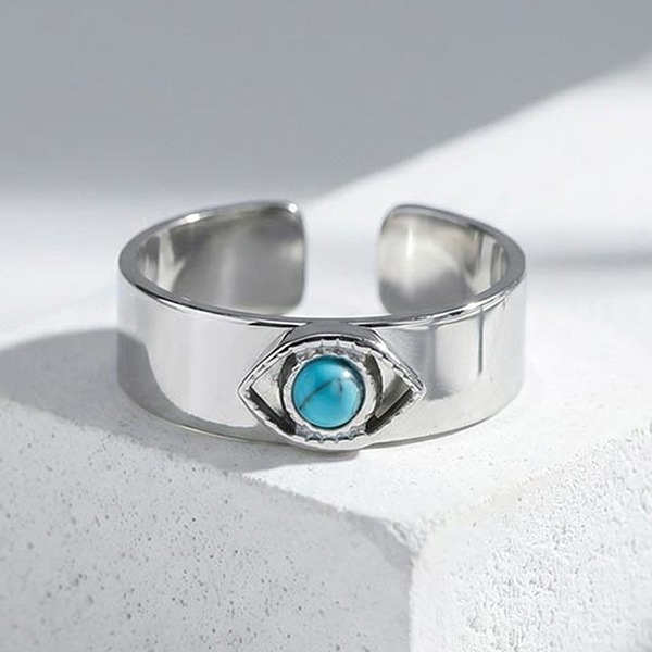 《 QBOX 》FASHION 飾品【GRC-1022】精緻個性復古綠松石惡魔之眼開口鈦鋼戒指/戒環-細節圖4