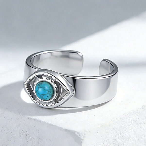《 QBOX 》FASHION 飾品【GRC-1022】精緻個性復古綠松石惡魔之眼開口鈦鋼戒指/戒環-細節圖6