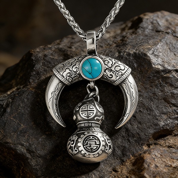 《 QBOX 》FASHION 飾品【LHP138】精緻個性復古月牙松石葫蘆福祿鈦鋼墬子項鍊/吊墬-細節圖3