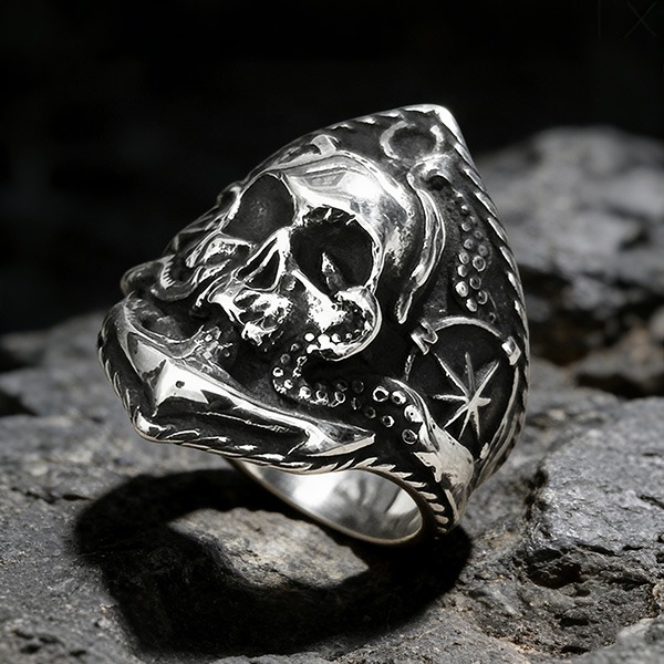 《 QBOX 》FASHION 飾品【RBR8-787】精緻個性復古深海亡靈骷髏頭戰錨鈦鋼戒指/戒環-細節圖4