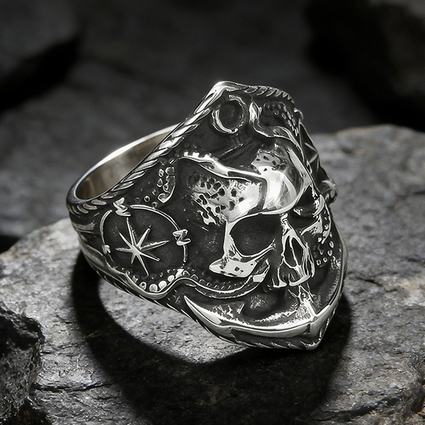 《 QBOX 》FASHION 飾品【RBR8-787】精緻個性復古深海亡靈骷髏頭戰錨鈦鋼戒指/戒環-細節圖5