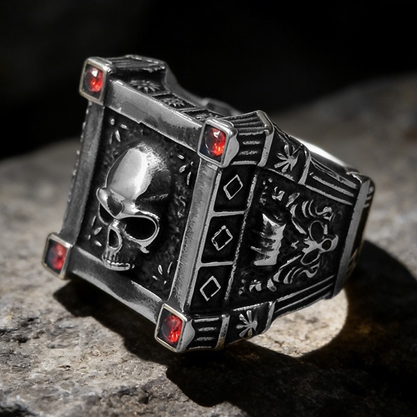 《 QBOX 》FASHION 飾品【RBR8-782】精緻個性復古亡靈骷髏頭方形石匣鈦鋼戒指/戒環-細節圖4