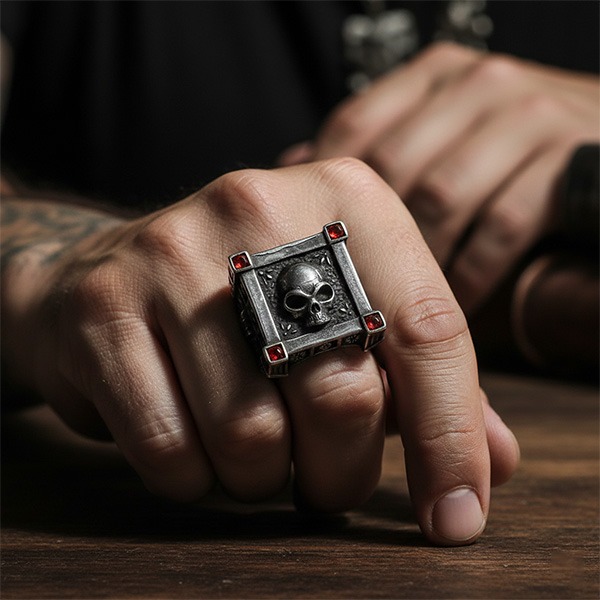 《 QBOX 》FASHION 飾品【RBR8-782】精緻個性復古亡靈骷髏頭方形石匣鈦鋼戒指/戒環-細節圖9