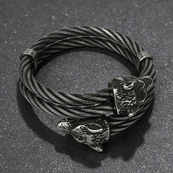 《 QBOX 》FASHION 飾品【BK163313】 精緻個性北境雙狼頭鋼索鈦鋼開口手鐲/手環-細節圖4
