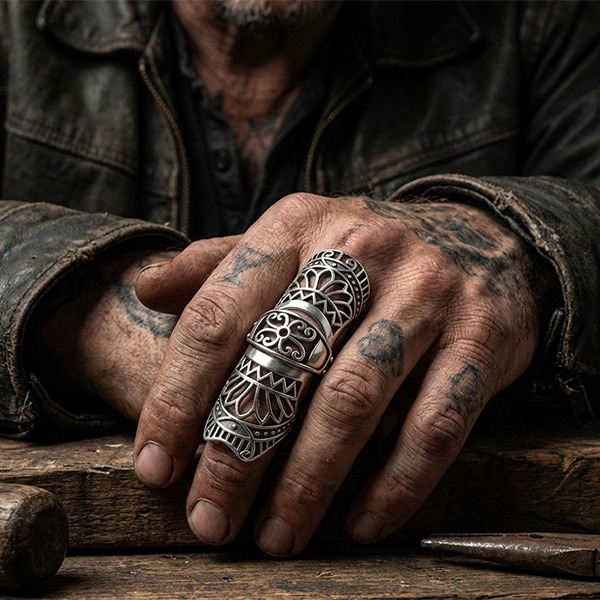 《 QBOX 》FASHION 飾品【BR8-1270】精緻個性復古雕花鏤空護甲鈦鋼戒指/戒環-細節圖9